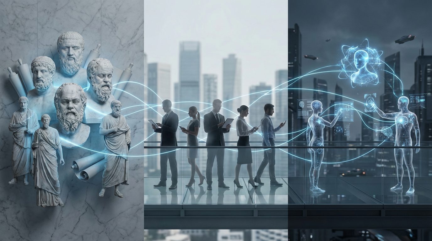 Ancient philosophers flowing into a modern city of connected people