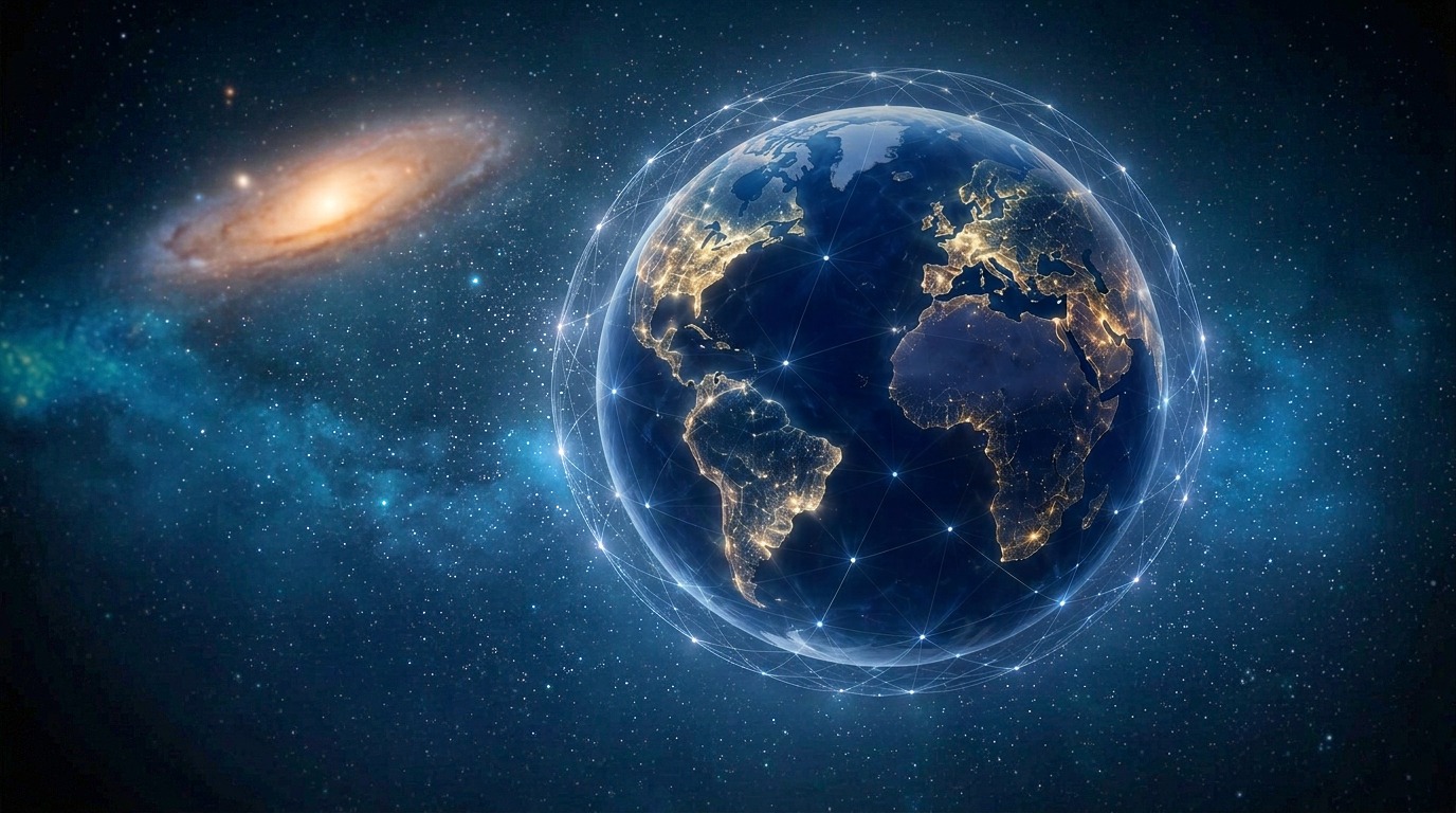 Earth fully wrapped in a glowing lattice of connected intelligence