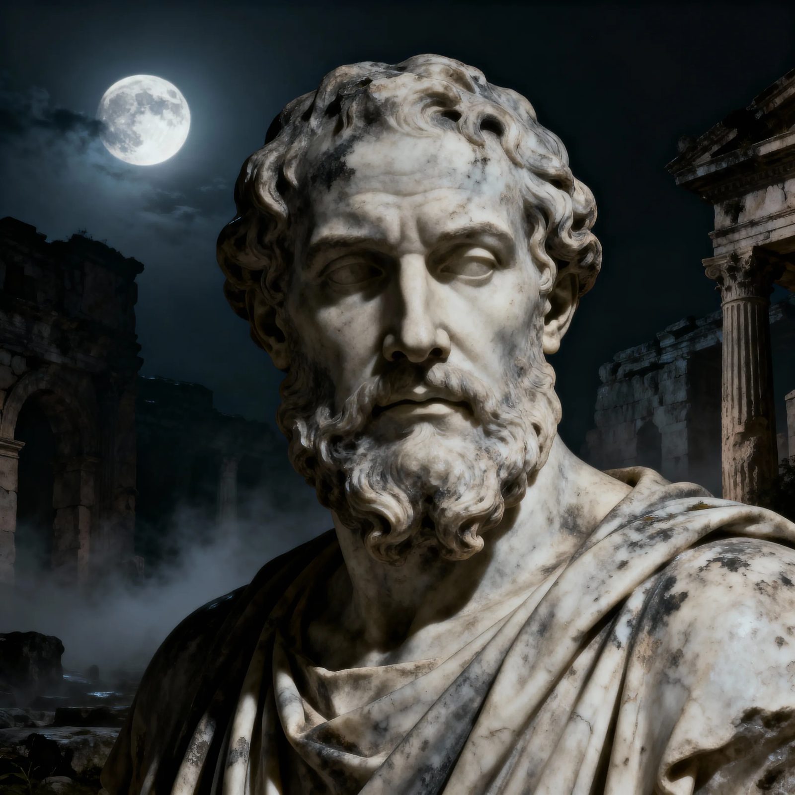 Ancient marble philosopher under moonlight
